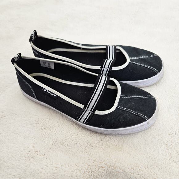 Y2k Champion Mary Jane Sneaker Flats Black White Canvas Sporty Womens Size 8 - Picture 1 of 9